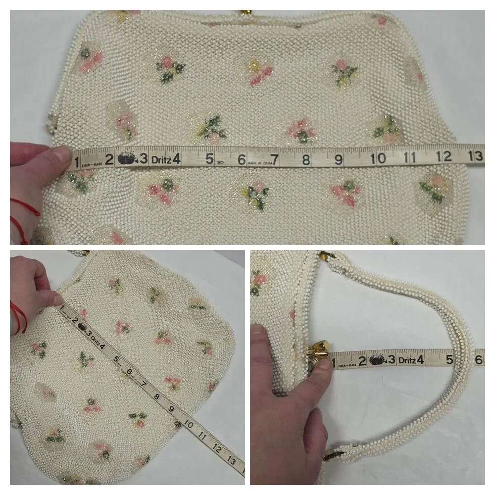 Vintage 1950s White Cream Hand Beaded Pink Green Flowers Purse Bag By Lumured